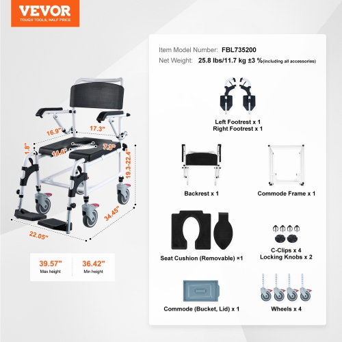 VEVOR 3-Level Adjustable Height Shower Commode Wheelchair with 4 Lockable Wheels, Footrests, Flip-up Arms, 5L Removable Bucket, 350 LBS Capacity,