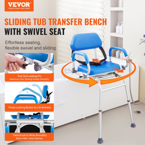VEVOR Sliding Tub Transfer Bench with 360 Degree Swivel Seat, Sliding Shower Chair with Pivoting Armrest & Padded Seat and Safety Belt
