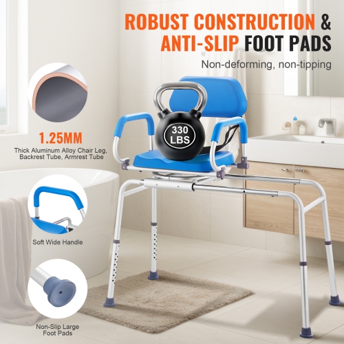 VEVOR Sliding Tub Transfer Bench with 360 Degree Swivel Seat, Sliding Shower Chair with Pivoting Armrest & Padded Seat and Safety Belt
