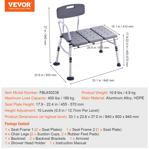 VEVOR Tub Transfer Bench for Bathtub, Adjustable Shower Seats for Adults, Lightweight Shower Bench for Elderly and Disabled, Non-Slip Bath Seats