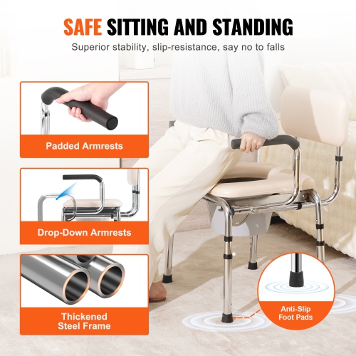 VEVOR Commode Chair, Bedside Commode with Padded Seat, Drop-Down Arms, 7-Level Adjustable Height, 5.8L Removable Bucket, Easy to Assemble, 350LBS