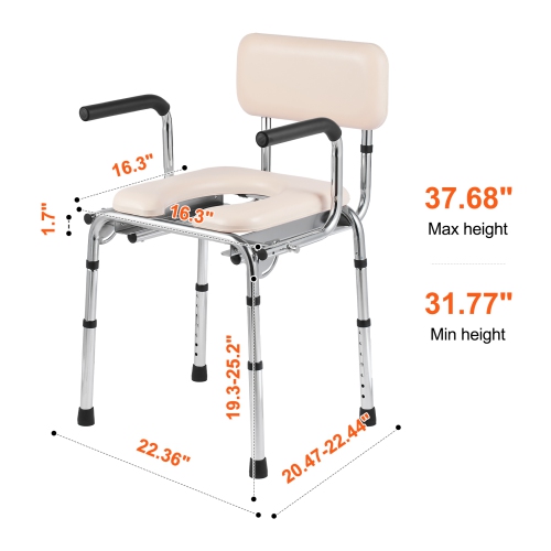 VEVOR Commode Chair, Bedside Commode with Padded Seat, Drop-Down Arms, 7-Level Adjustable Height, 5.8L Removable Bucket, Easy to Assemble, 350LBS
