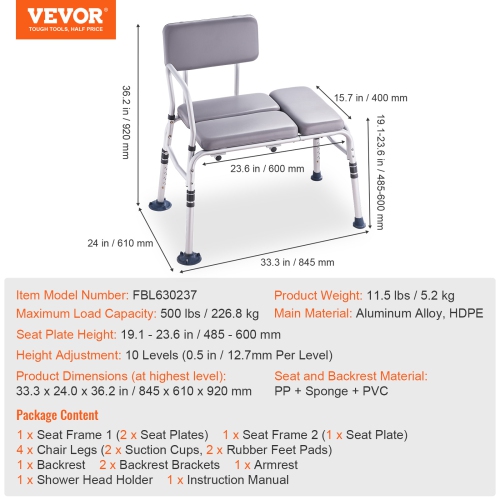 VEVOR Tub Transfer Bench for Bathtub 500lbs, Shower Seats for Adults, Lightweight Shower Bench for Elderly Padded Seat, Non-Slip Bath Seats with