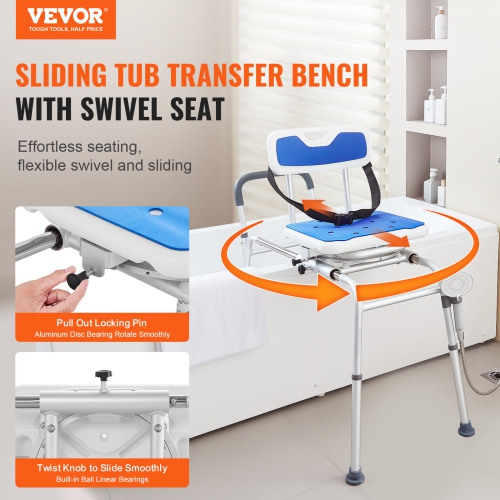 VEVOR Sliding Tub Transfer Bench with 360 Degree Swivel Seat, Height Adjustable Bathtub Transfer Bench with Armrest & Safety Belt