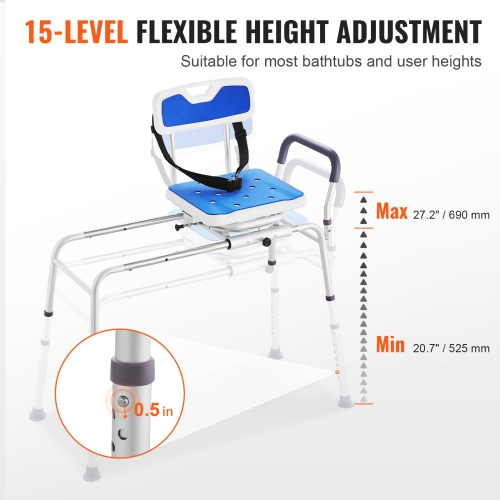 VEVOR Sliding Tub Transfer Bench with 360 Degree Swivel Seat, Height Adjustable Bathtub Transfer Bench with Armrest & Safety Belt