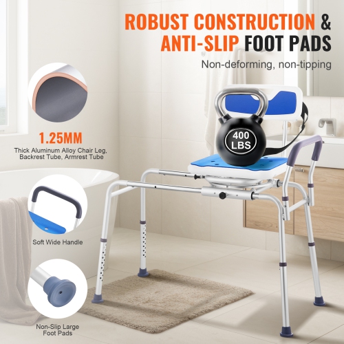 VEVOR Sliding Tub Transfer Bench with 360 Degree Swivel Seat, Height Adjustable Bathtub Transfer Bench with Armrest & Safety Belt