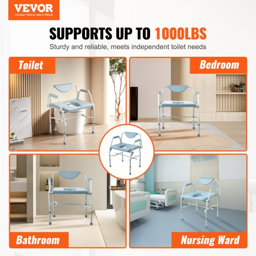 VEVOR Commode Chair, Bedside Commode with Drop-Down Arms and Detachable Backrest, 5-Level Adjustable Height, 7L Removable Bucket, Easy to Assemble,