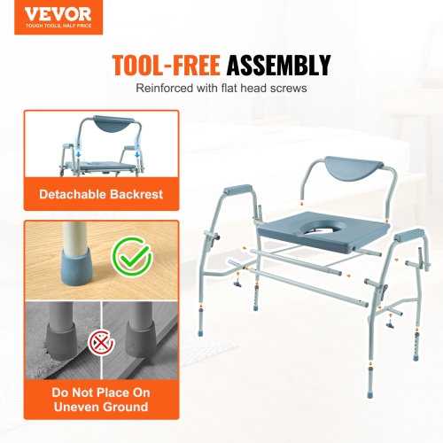 VEVOR Commode Chair, Bedside Commode with Drop-Down Arms and Detachable Backrest, 5-Level Adjustable Height, 7L Removable Bucket, Easy to Assemble,