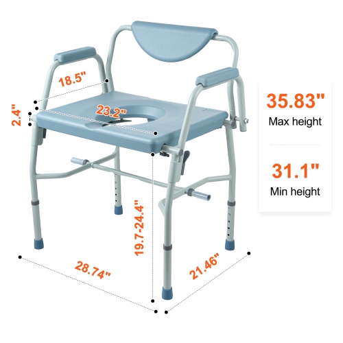 VEVOR Commode Chair, Bedside Commode with Drop-Down Arms and Detachable Backrest, 5-Level Adjustable Height, 7L Removable Bucket, Easy to Assemble,