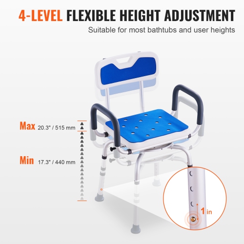 VEVOR Swivel Shower Chair 360 Degree, Adjustable Shower Seat with Armrests and Backrest, Non-Slip Rotating Bathtub Chair Seat for Elderly Disabled