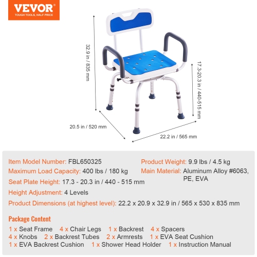 VEVOR Swivel Shower Chair 360 Degree, Adjustable Shower Seat with Armrests and Backrest, Non-Slip Rotating Bathtub Chair Seat for Elderly Disabled