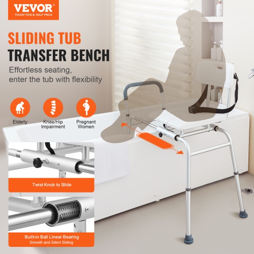 VEVOR Sliding Tub Transfer Bench, Height Adjustable Bathtub Transfer Bench with Cut-Out Seat, Reversible Backrest & Safety Belt,400LBS Capacity