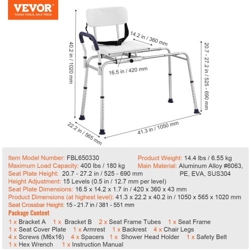 VEVOR Sliding Tub Transfer Bench, Height Adjustable Bathtub Transfer Bench with Cut-Out Seat, Reversible Backrest & Safety Belt,400LBS Capacity