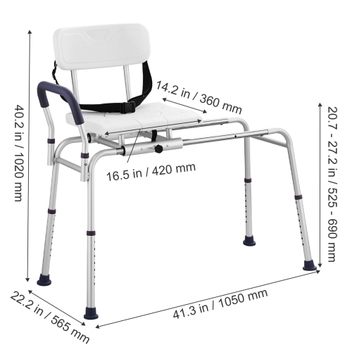 VEVOR Sliding Tub Transfer Bench, Height Adjustable Bathtub Transfer Bench with Cut-Out Seat, Reversible Backrest & Safety Belt,400LBS Capacity