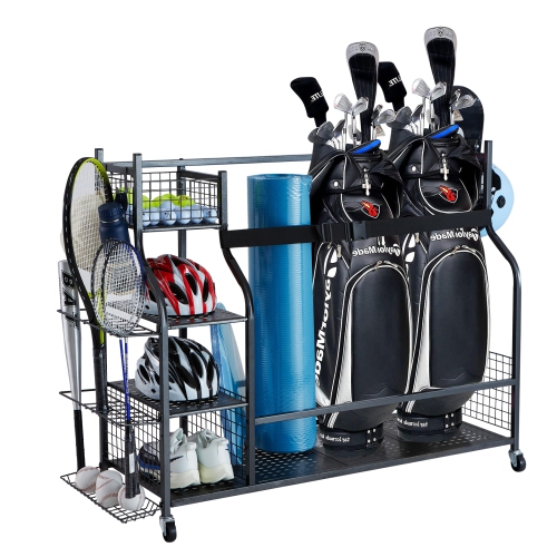 VEVOR Golf Storage Garage Organizer, 3 Golf Bag Stand Holder, Rolling Ball Cart on Wheels, Outdoor Sport Gear and Toy Storage with Baskets & Hooks,