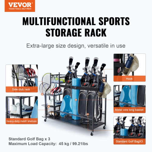VEVOR Golf Storage Garage Organizer, 3 Golf Bag Stand Holder, Rolling Ball Cart on Wheels, Outdoor Sport Gear and Toy Storage with Baskets & Hooks,