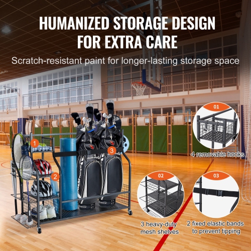 VEVOR Golf Storage Garage Organizer, 3 Golf Bag Stand Holder, Rolling Ball Cart on Wheels, Outdoor Sport Gear and Toy Storage with Baskets & Hooks,