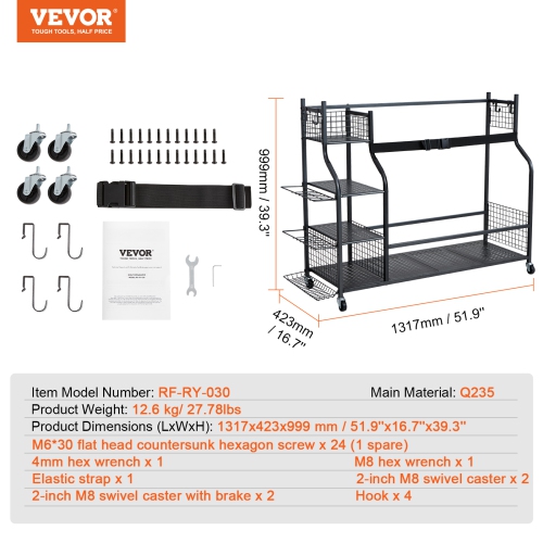 VEVOR Golf Storage Garage Organizer, 3 Golf Bag Stand Holder, Rolling Ball Cart on Wheels, Outdoor Sport Gear and Toy Storage with Baskets & Hooks,