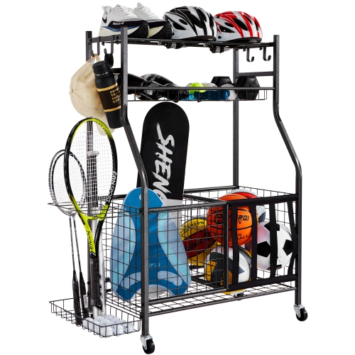 VEVOR  Sports Equipment Garage Organizer, Rolling Ball Storage Cart On Wheels, Basketball Rack \w Baskets & Hooks, Indoor/outdoor Sports Gear And