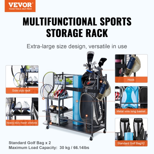 Rangement de garage pour le golf VEVOR, 2 support pour sac de golf, chariot à balles sur roulettes, équipement de sport extérieur et rangement pour