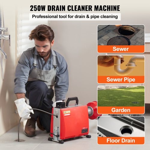 VEVOR 66FT x 5/8 Inch Drain Cleaner Machine, 250W Electric Sewer Snake Auger Manual Feed - with 7 Cutters, 2 Steel Cables& CW/CCW Control