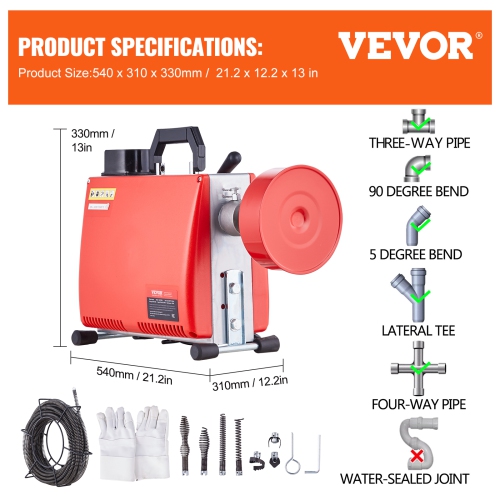 VEVOR 66FT x 5/8 Inch Drain Cleaner Machine, 250W Electric Sewer Snake Auger Manual Feed - with 7 Cutters, 2 Steel Cables& CW/CCW Control