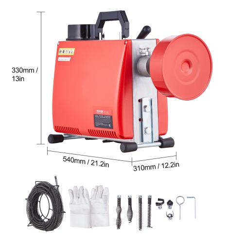 VEVOR 66FT x 5/8 Inch Drain Cleaner Machine, 250W Electric Sewer Snake Auger Manual Feed - with 7 Cutters, 2 Steel Cables& CW/CCW Control
