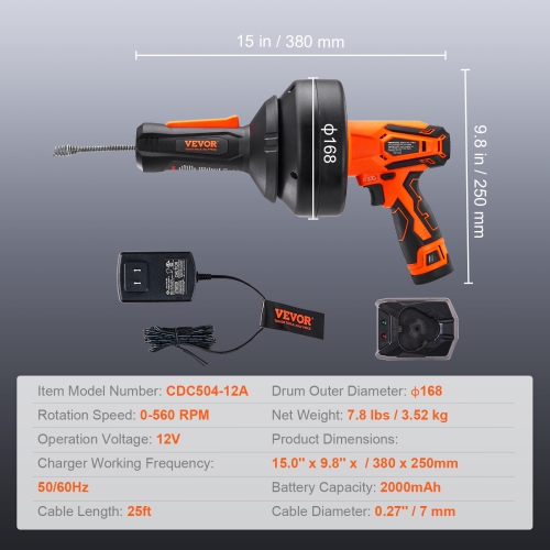 VEVOR 12V Electric Drain Auger, 25FT Cordless Plumbing Snake Auto Feed, Pipeline Snake Drain Clog Remover with Power Drill for 3/4"-2" Pipes, 2.0Ah