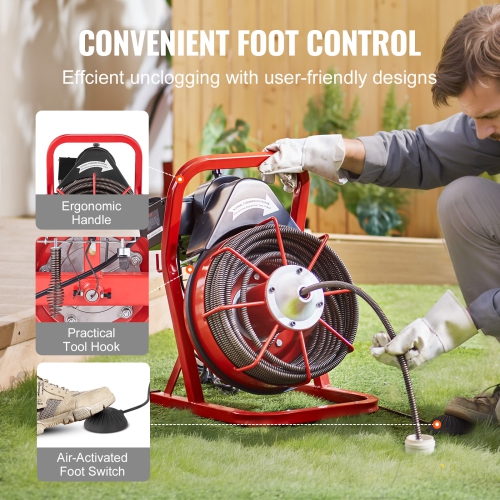 VEVOR Drain Cleaner Machine 75FT x 1/2 Inch, Sewer Snake Auger Manual Feed, 370W Electric Drain Cleaning Machine with 4 Cutters & Air-activated Foot