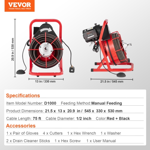 VEVOR Drain Cleaner Machine 75FT x 1/2 Inch, Sewer Snake Auger Manual Feed, 370W Electric Drain Cleaning Machine with 4 Cutters & Air-activated Foot