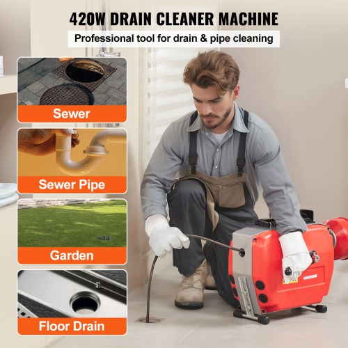VEVOR 120FT x 7/8 Inch Drain Cleaner Machine, 420W Electric Sewer Snake Auger Manual Feed - with 6 Cutters, 2 Steel Cables & CW/CCW Control
