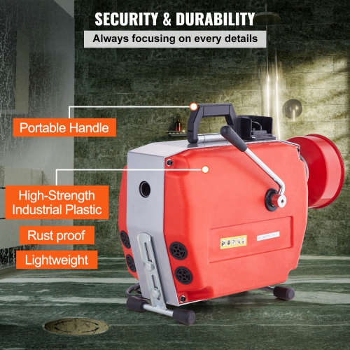 VEVOR 120FT x 7/8 Inch Drain Cleaner Machine, 420W Electric Sewer Snake Auger Manual Feed - with 6 Cutters, 2 Steel Cables & CW/CCW Control