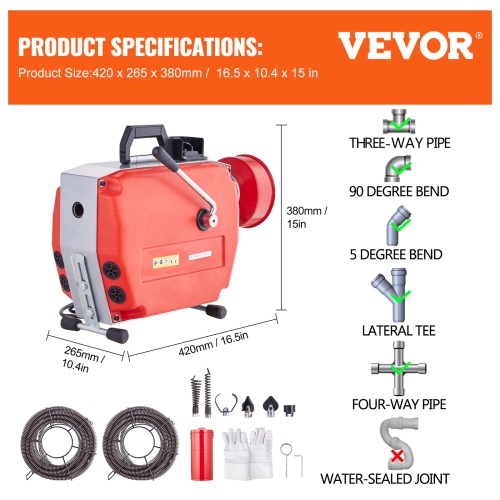 VEVOR 120FT x 7/8 Inch Drain Cleaner Machine, 420W Electric Sewer Snake Auger Manual Feed - with 6 Cutters, 2 Steel Cables & CW/CCW Control