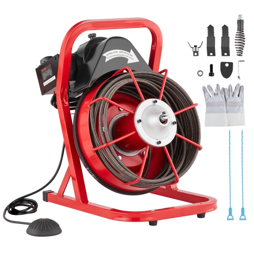 VEVOR Drain Cleaner Machine 50FT x 3/8 Inch, Sewer Snake Auger Manual Feed, 250W Electric Drain Cleaning Machine with 4 Cutters & Air-activated Foot