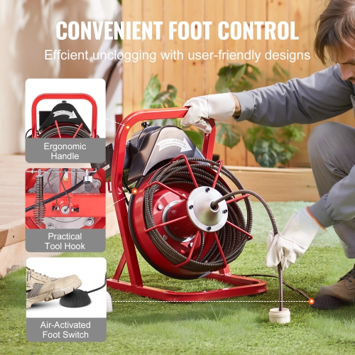 VEVOR Drain Cleaner Machine 50FT x 3/8 Inch, Sewer Snake Auger Manual Feed, 250W Electric Drain Cleaning Machine with 4 Cutters & Air-activated Foot