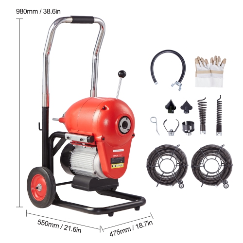 VEVOR Drain Cleaner Machine 120FT x 6/5 Inch, 1100W Electric Sewer Snake Auger Manual Feed - with 6 Cutters and CW/CCW Control for 4" to 8" Pipes