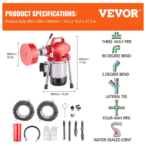 VEVOR Drain Cleaner Machine 120FT x 5/8 Inch, 370W Electric Sewer Snake Auger Manual Feed - with 2 Sectional Steel Cables(120' x 5/8" and 23' x
