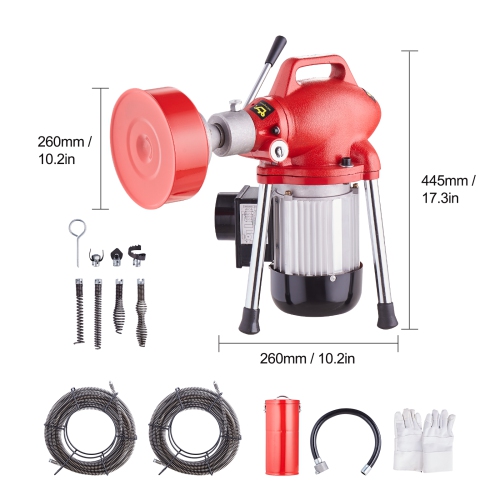 VEVOR Drain Cleaner Machine 120FT x 5/8 Inch, 370W Electric Sewer Snake Auger Manual Feed - with 2 Sectional Steel Cables(120' x 5/8" and 23' x
