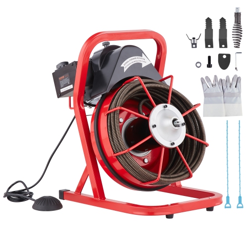VEVOR Drain Cleaner Machine 50FT x 1/2 Inch, Sewer Snake Auger Manual Feed, 250W Electric Drain Cleaning Machine with 4 Cutters & Air-activated Foot