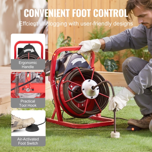 VEVOR Drain Cleaner Machine 50FT x 1/2 Inch, Sewer Snake Auger Manual Feed, 250W Electric Drain Cleaning Machine with 4 Cutters & Air-activated Foot