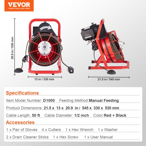 VEVOR Drain Cleaner Machine 50FT x 1/2 Inch, Sewer Snake Auger Manual Feed, 250W Electric Drain Cleaning Machine with 4 Cutters & Air-activated Foot