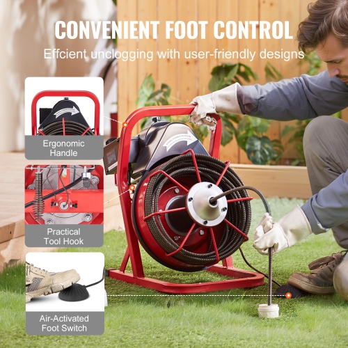 VEVOR Drain Cleaner Machine 75FT x 3/8 Inch, Sewer Snake Auger Manual Feed, 250W Electric Drain Cleaning Machine with 4 Cutters & Air-activated Foot