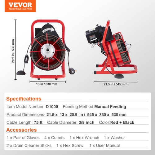 VEVOR Drain Cleaner Machine 75FT x 3/8 Inch, Sewer Snake Auger Manual Feed, 250W Electric Drain Cleaning Machine with 4 Cutters & Air-activated Foot