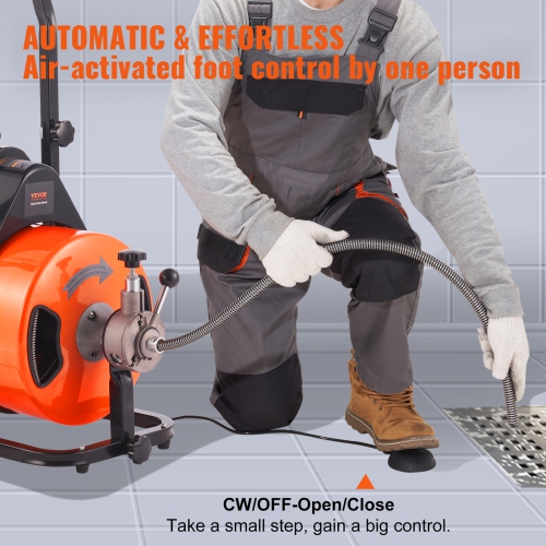 VEVOR Drain Cleaning Machine 75 FT x 1/2 Inch, Sewer Auger Auto Feed with 4 Cutter & Air-activated Foot Switch for 1" to 4" Pipes, Orange, Black