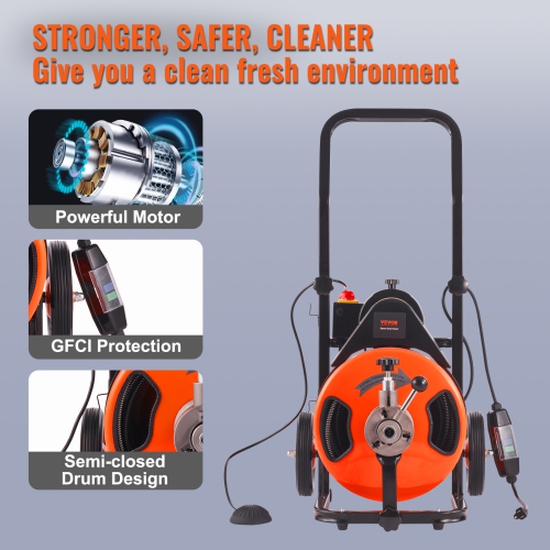 VEVOR Drain Cleaning Machine 75 FT x 1/2 Inch, Sewer Auger Auto Feed with 4 Cutter & Air-activated Foot Switch for 1" to 4" Pipes, Orange, Black
