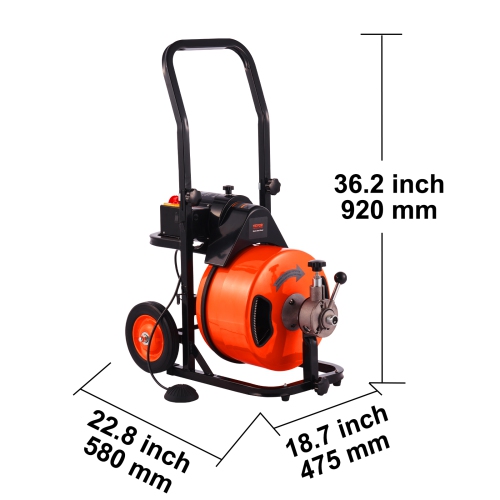 VEVOR Drain Cleaning Machine 75 FT x 1/2 Inch, Sewer Auger Auto Feed with 4 Cutter & Air-activated Foot Switch for 1" to 4" Pipes, Orange, Black