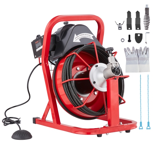 VEVOR Drain Cleaner Machine 50FT x 3/8 Inch, Auto Feed Sewer Snake Auger, Electric Drain Cleaning Machine with 4 Cutters & Air-activated Foot Switch
