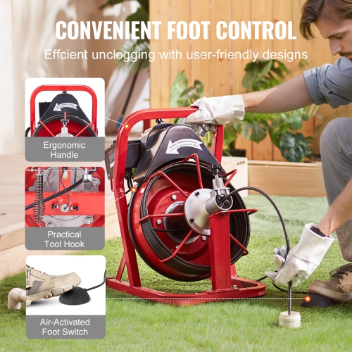 VEVOR Drain Cleaner Machine 50FT x 3/8 Inch, Auto Feed Sewer Snake Auger, Electric Drain Cleaning Machine with 4 Cutters & Air-activated Foot Switch