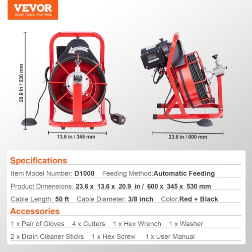 VEVOR Drain Cleaner Machine 50FT x 3/8 Inch, Auto Feed Sewer Snake Auger, Electric Drain Cleaning Machine with 4 Cutters & Air-activated Foot Switch