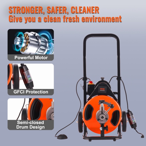 VEVOR Drain Cleaning Machine 50 FT x 3/8 Inch, Sewer Snake Machine Auto Feed, Drain Auger Cleaner with 4 Cutter & Air-Activated Foot Switch for 1" to